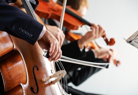Cellist and violinist playing at the concertの写真素材