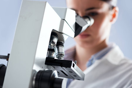 Female researcher analyzing samples with microscope in the laboratory.の写真素材