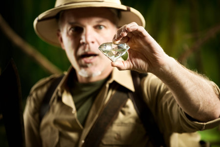 Surprised explorer finding a huge precious diamond in the jungle.の写真素材