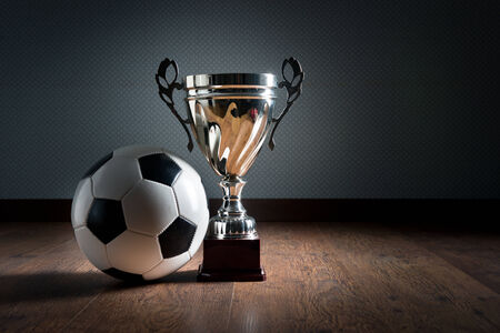 Gold cup trophy and soccer ball on hardwood floor, winning concept.の写真素材