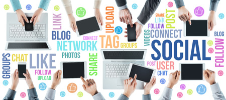 Social network user community concept, business people hands using tablet, computers, smart phones...