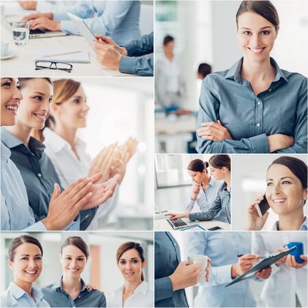 Business collage of pictures,Business women working, portraits and hands close up, Business team conceptの写真素材