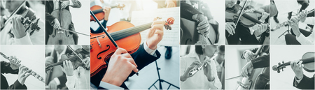 Classical music collage of pictures, professional musicians playing instruments portraits and hands...