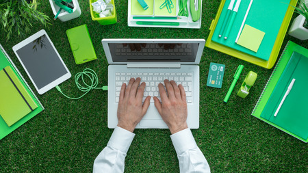 Businessman using a laptop and networking on the grass; green business, sustainability and communication conceptの写真素材
