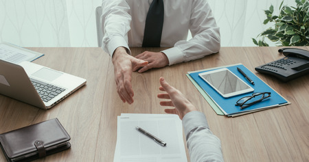 Businessman and customer having a business meeting in the office before signing a contract, point of...