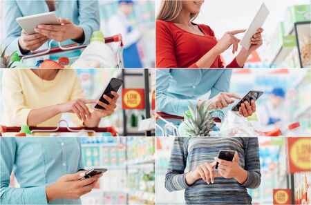 People shopping at the supermarket, they are checking products and offers online using tablets and smartphones, pictures collageの写真素材