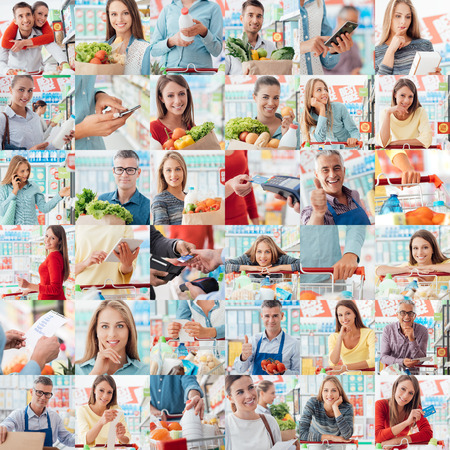 Smiling people at the store, customers doing grocery shopping and supermarket clerks, picture...