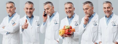 Collage of doctor's portraits with different expressions, using a smartphone and holding healthy foodの写真素材