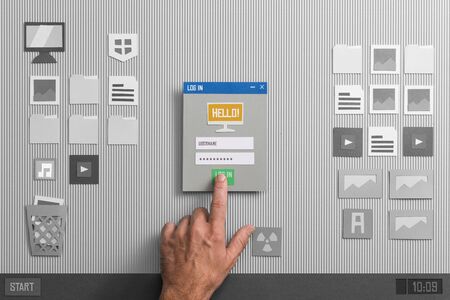 User login and application launching at startup on a computer interface, collage and paper cut...