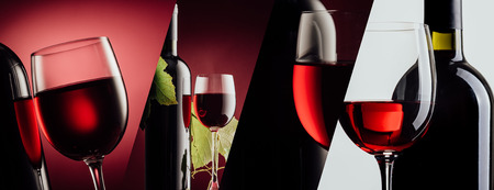 Red wine bottle and wine glass on different backgrounds, photo collage bannerの写真素材