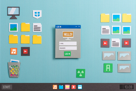 User login and application launching at startup on a computer interface, collage and paper cut...