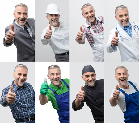 Collage of male smiling professional workers portraits, human resources and work conceptの写真素材