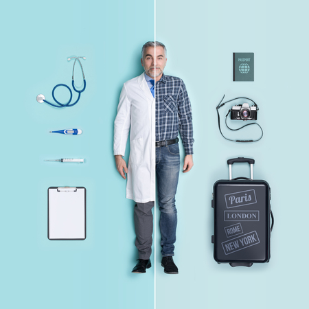 Lifelike male dolls comparison and accessories: doctor and travelerの写真素材
