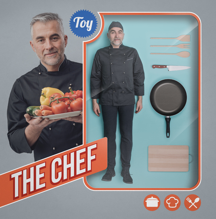 Realistic chef human doll, accessories and toy see through packaging with smiling cook holding vegetablesの写真素材