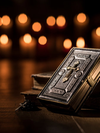 Antique precious Bible, Holy rosary and lit candles in the Church: religion and Christianity concept