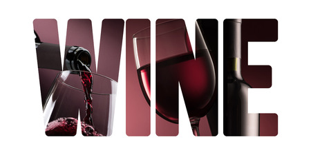 Wine and fine drinking concept: bottle pouring wine into a wineglass and cut out textの写真素材