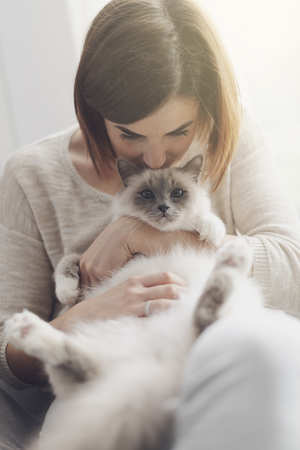 Young happy woman sitting on the armchair in the living room and petting her beautiful catの写真素材