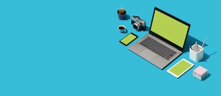 Creative photographer and designer desktop with laptop and digital camera, isometric objectsの写真素材