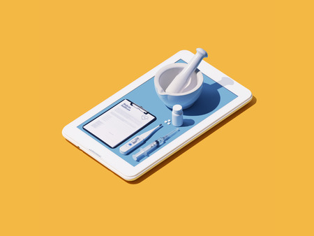 Online medical app on a smartphone: doctor healthcare equipment and prescription medicine on a touch screen smartphoneの写真素材