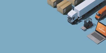 Professional express delivery, warehousing and shipment service: isometric trucks, boxes and laptopの写真素材