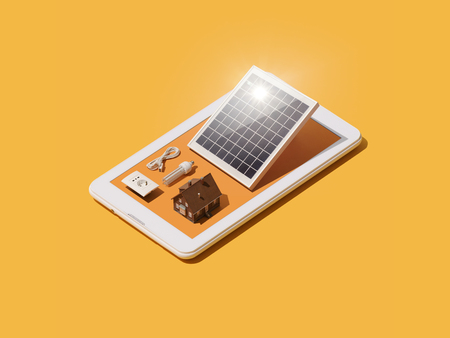 Home renovation and electrician service app: isometric work tools, energy saving lamp and solar panel on a smartphoneの写真素材