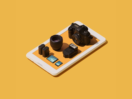 Professional photography equipment on a smartphone app: digital reflex camera, lens, flash light, memory cards and batteriesの写真素材