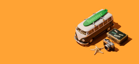 Vintage hipster adventure holidays: minivan, camera, surf and retro style suitcaseのeditorial素材