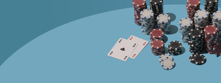 Winning Texas Hold 'em poker casino card game: stacks of chips and aces, blank copy space