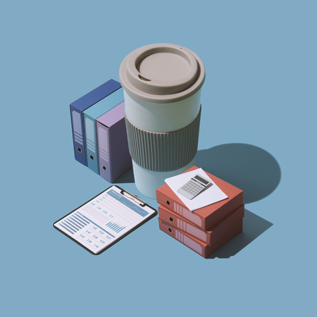 Business management, accounting and finance: financial reports, calculator and a big cup of coffee, isometric objectsの写真素材