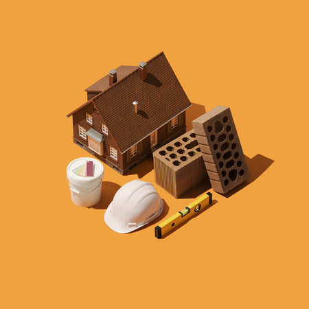 Home renovation, DIY and house improvement: model house, isometric tools and equipmentの写真素材