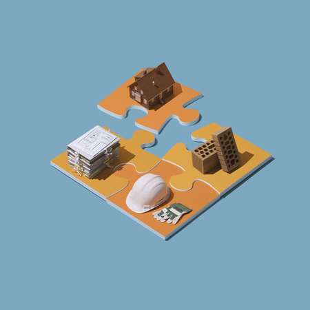 Home design and construction services from project to a finished new house, isometric objects on puzzle piecesの写真素材