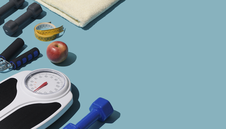 Workout, weight loss and fitness equipment with blank copy space, healthy lifestyle and sports...