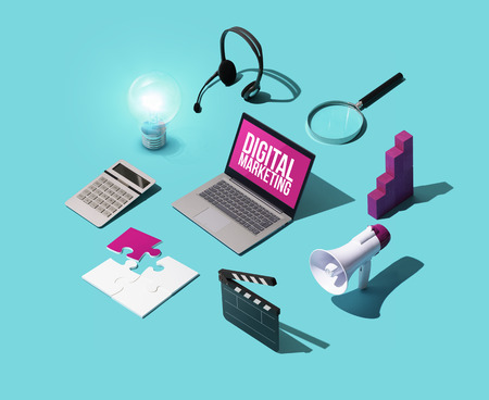 Digital marketing and communication strategies infographic: isometric laptop, marketing tools and conceptsの写真素材