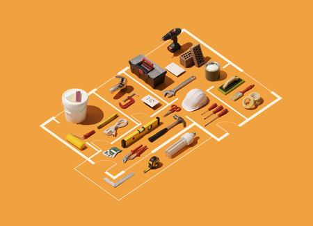 Isometric house plan project with work tools: home renovation, construction and DIY repair conceptの写真素材