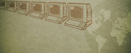 Vintage computers and globe: vintage technology and telecommunications background