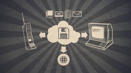 Old school cloud storage technology: vintage computer, telephone and multimedia connecting to a...