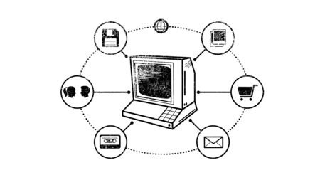 Vintage 80s computer with network of multimedia icons, retro technology concept