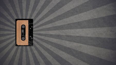 Vintage cassette tape on a burst rays background, music and retro revival concept