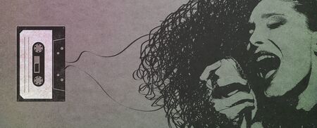 Portrait of a singer made with vintage cassette tape, music and art concept