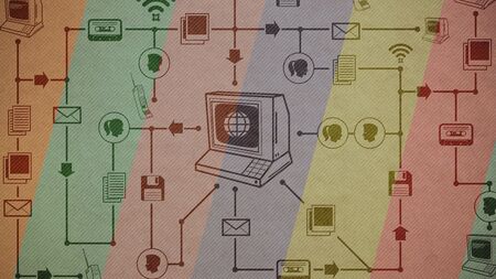 Vintage computer and network of retro multimedia and internet icons: communications and retro technology conceptの写真素材