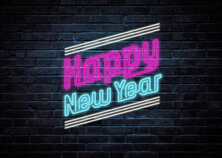 Happy new year wishes vintage neon sign, holidays and celebration conceptの写真素材