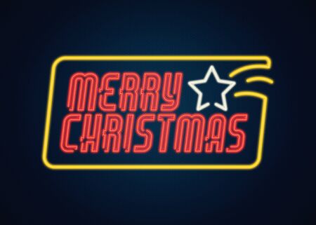 Merry Christmas wishes on a neon sign with a star, holidays and celebration conceptの写真素材