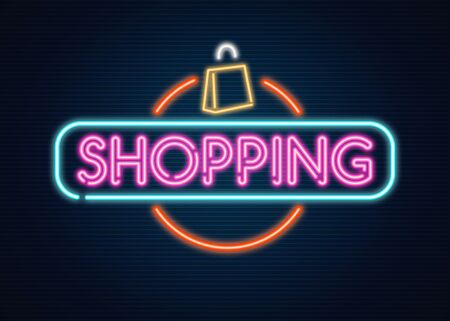 Shopping neon sign with shopping bag, retail and sale conceptの写真素材
