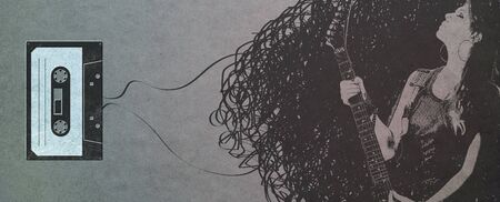 Rocker woman portrait made with cassette tape, retro revival and music concept