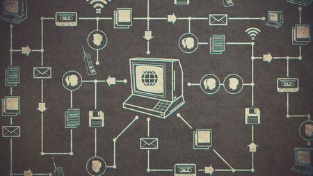 Vintage computer and network of retro multimedia and internet icons: communications and retro technology conceptの写真素材