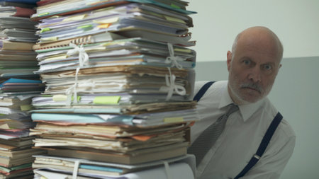Stressed frustrated business executive sitting at desk and peeking behind a pile of paperwork
