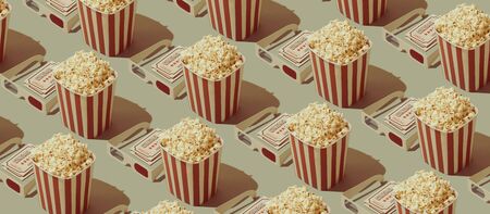 Cinema and movies entertainment background: repetition of popcorn boxes and 3D glassesの写真素材