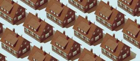 Real estate background with repetition of identical model houses on blue backgroundの写真素材