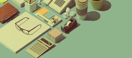 Business desktop with paperwork and stationery, business management concept, blank copy spaceの写真素材