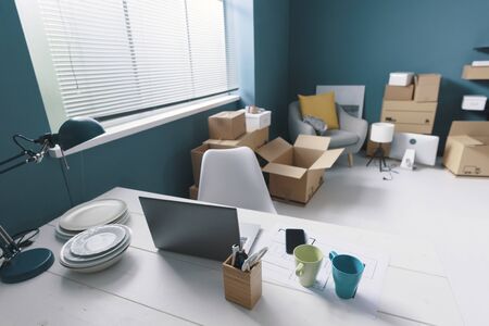 House interior with cardboard boxes, home relocation concept